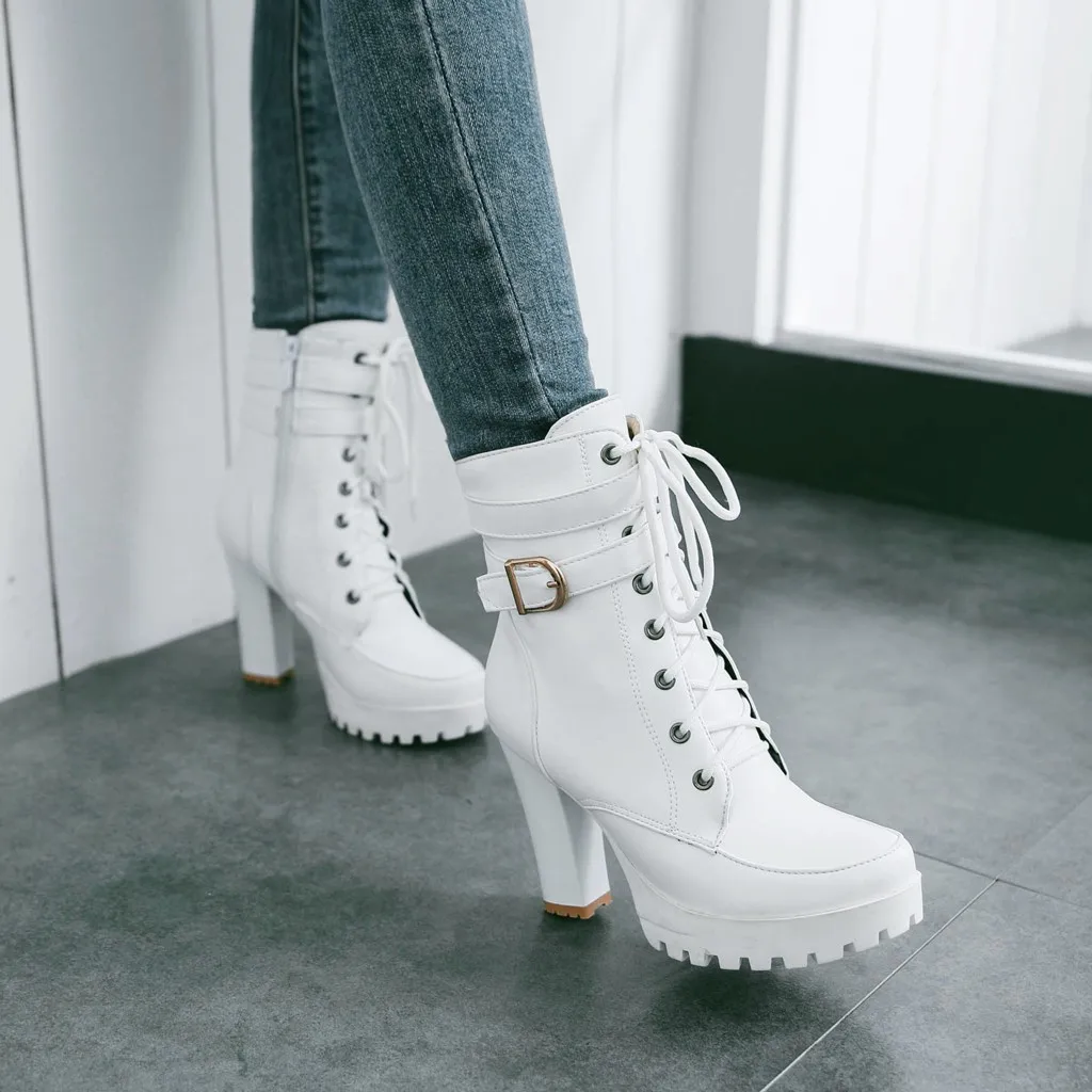 High Heels Women Ankle Boots Lace Up Fall Winter Platform Ladies Boots Large Size Fashion Shoes White Black Brown