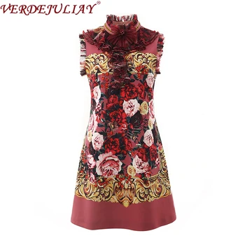 

VERDEJULIAY New Fashion Runway Designer Summer Dress Women's Luxury Ruffles Crystal Diamonds Beading Printed Vintage Dress