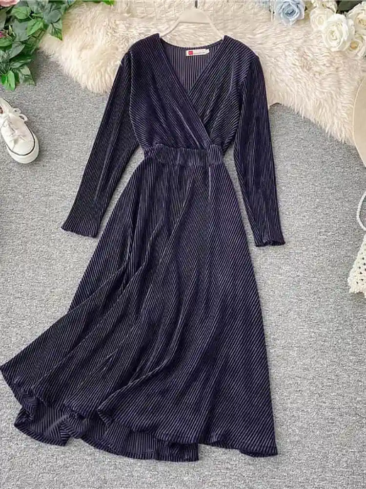 dark blue Платье средней длины, осенняя одежда, стиль, модное, элегантное, v-образный вырез, длинный рукав, талия, обтягивающее, большие Hemline, Европа - Цвет: dark blue