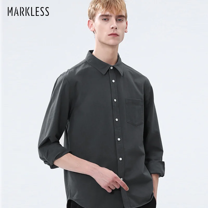 Markless мужские повседневные хлопковые классические рубашки с длинным рукавом, удобные рубашки с карманами, CSA9527M