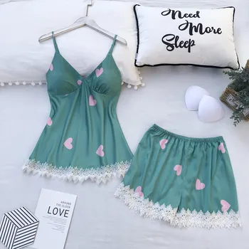 

Women Faux Silk Dressing Gown Sexy suspenders + belt shorts 2 piece suit Sexy Pajamas Set Lace Sling Shorts Summer sleepwear