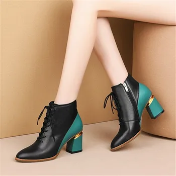 

PXELENA European Chunky Block High Heels Ankle Boots Women Genuine Leather Mixed Color Office Lady Party Shoes Plus Size 34-43