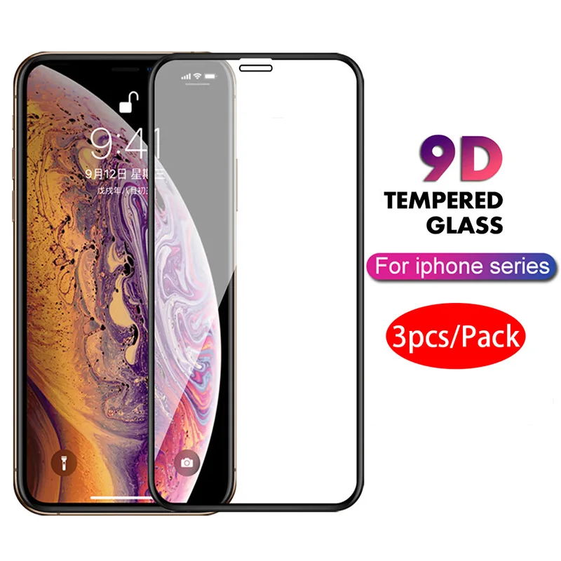 Protector de cristal templado para pantalla de móvil, película frontal protectora de cristal 9D para iphone 11 pro, X, XS, max, XR, 7, 8, 6, 6s Plus, 3 uds.