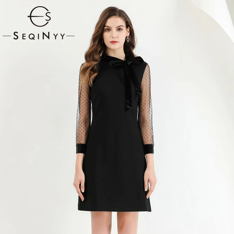 SEQINYY/платье черного цвета; Новинка года; сезон весна-осень; модное дизайнерское Сетчатое платье в горошек с рукавом 3/4; Бархатное облегающее мини-платье с бантом