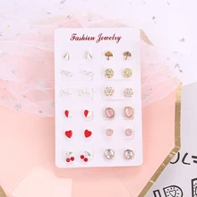 12 пар/компл. Новая мода серьги-гвоздики, серьги для женщин, серебро с геометрическим рисунком Золотой Зонт красного сердца розовый серьги с кристаллами ювелирные изделия