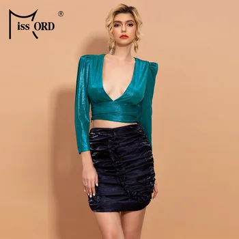 

Missord 2020 Spring Summer Sexy Deep V Neck Half Sleeve Puff Sleeve Women Top Skirt 2pcs Women Set Lace up Mini Skirt FT19940