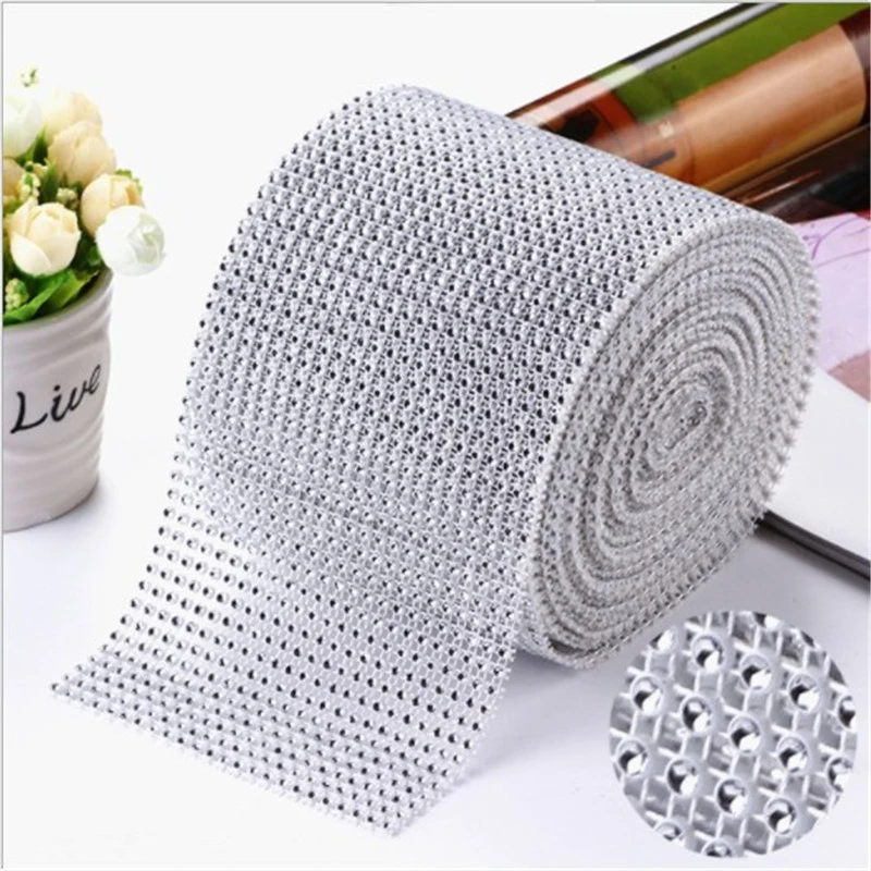 1 roll 4CM*2M Bling Diamond mesh Wrap ribbon silver Rhinestone Mesh Roll Tape Tulle Crystal Ribbon wedding cake decoration