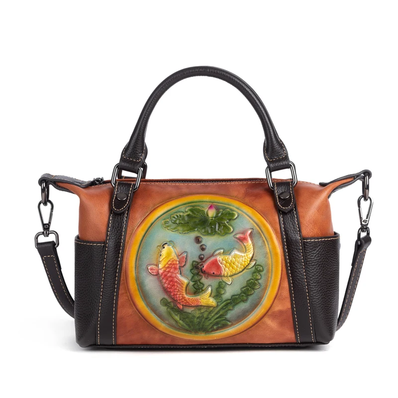 

Genuine Leather Cross body Bags Handbag Women Embossed Vintage Female Lady Designer Floral Single Shoulder Tote Messenger Bag