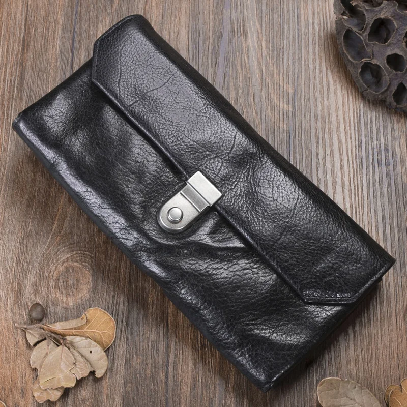 Genuine Cow Leather Long Mens Wallet Retro Brush Color Multifunction Trifold Purse Original Handmade Card Holder | Багаж и сумки