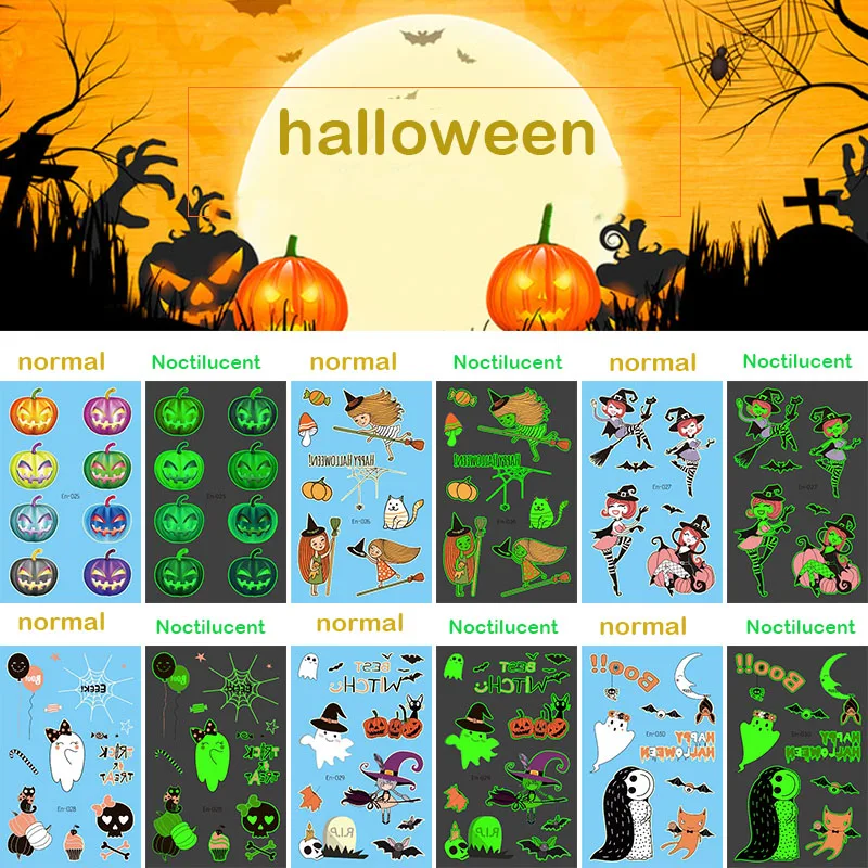 Luminous Halloween tattoo sticker Children's strange behavior Pumpkin bat cat ghost pattern glitter temporary kids tattoo RA037