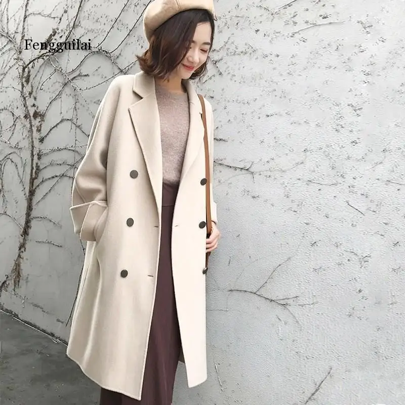 Осеннее бежевое шерстяное пальто женское длинное с отложным воротником Верхняя одежда тонкое повседневное элегантное пальто