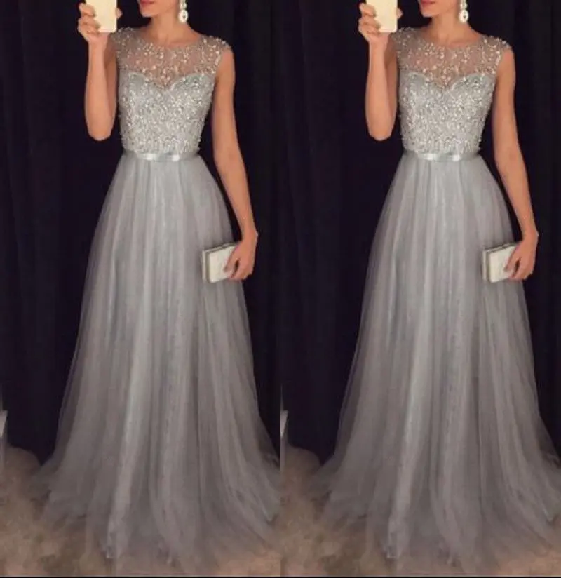 Женское элегантное вечернее Сетчатое платье без рукавов с высокой талией, блестящее Свадебное бальное платье на выпускной длинное платье