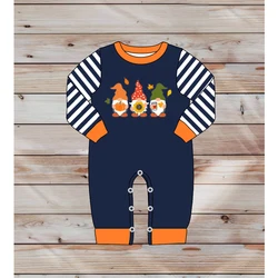 Barboteuse à rayures bleu marine pour garçon, vêtements d'automne, manches longues, trois vieux hommes tenant des citrouilles brodées, barboteuse pour tout petit 