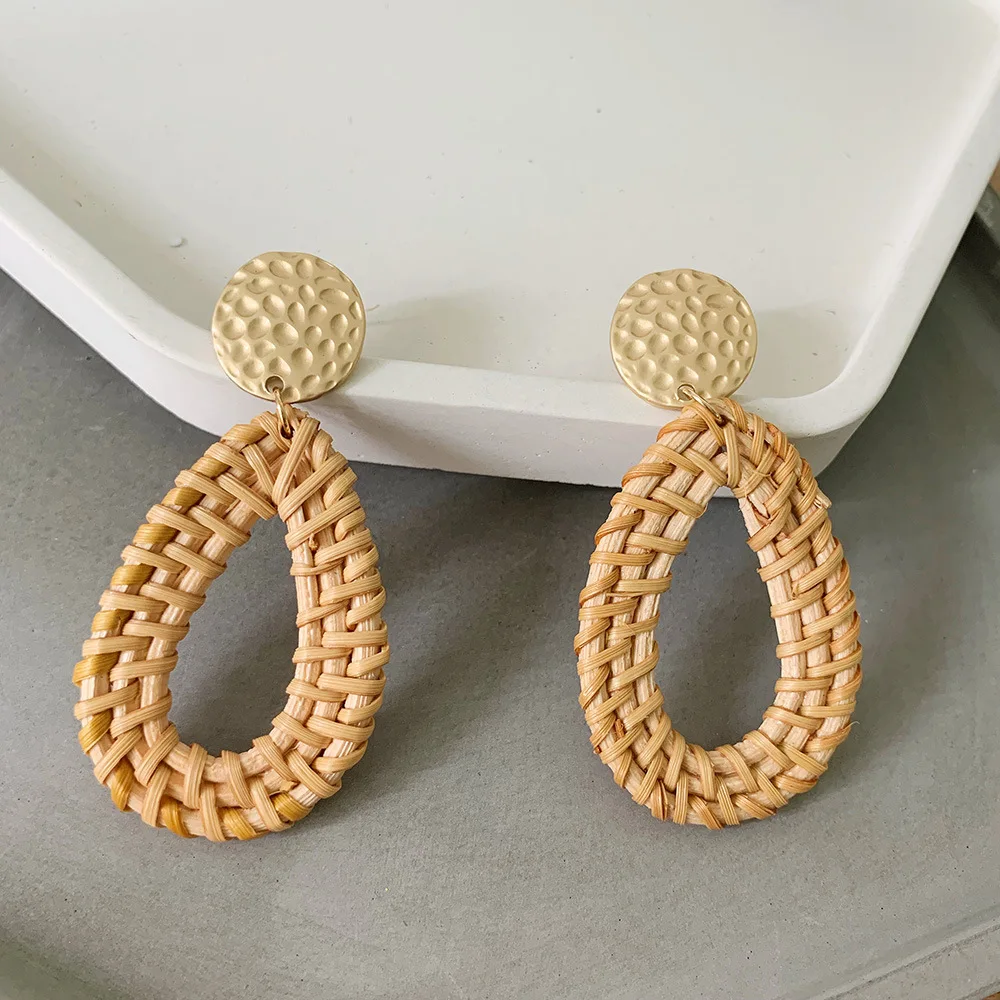 Bohemia Wicker Rattan Knit Earrings Ethnic Wood Bamboo Weaving Geometric Circle Statement Drop Earrings for Women Jewelry - Окраска металла: Metal circle 6