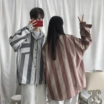 

2019 Hong Style Spring And Autumn Long-sleeved Striped Shirt Wild Loose Fashion Casual Jacket Coat Gray Red / Green