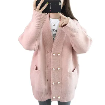 

Sweater Women Pink Yellow Plus Size Loose Cardigans 2020 Autumn Winter New Korean Beading Double-breasted Knitted Sweaters HJ034
