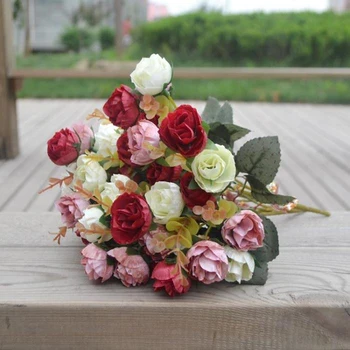

10pcs/lot 21Heads/bouquet Silk Peony Artificial Flowers Bride Bouquet Fake Rose bouquet flores For Wedding Home Party Decoration