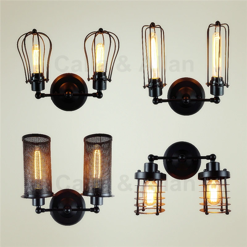 

American Industrial Iron Wall Sconce Loft Black Corridor Wall Light Vintage Led Wall Lamp double heads free shipping