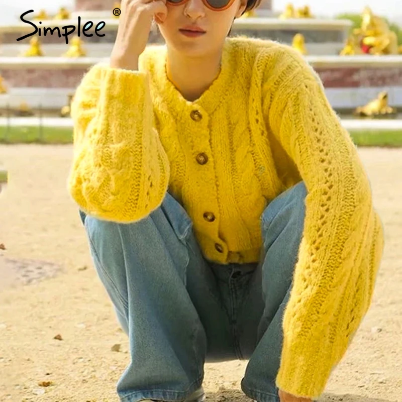 

Simplee knitted single-breasted women cardigans O-neck long sleeve button cardigans Elegant warm casual autumn loose cardigans