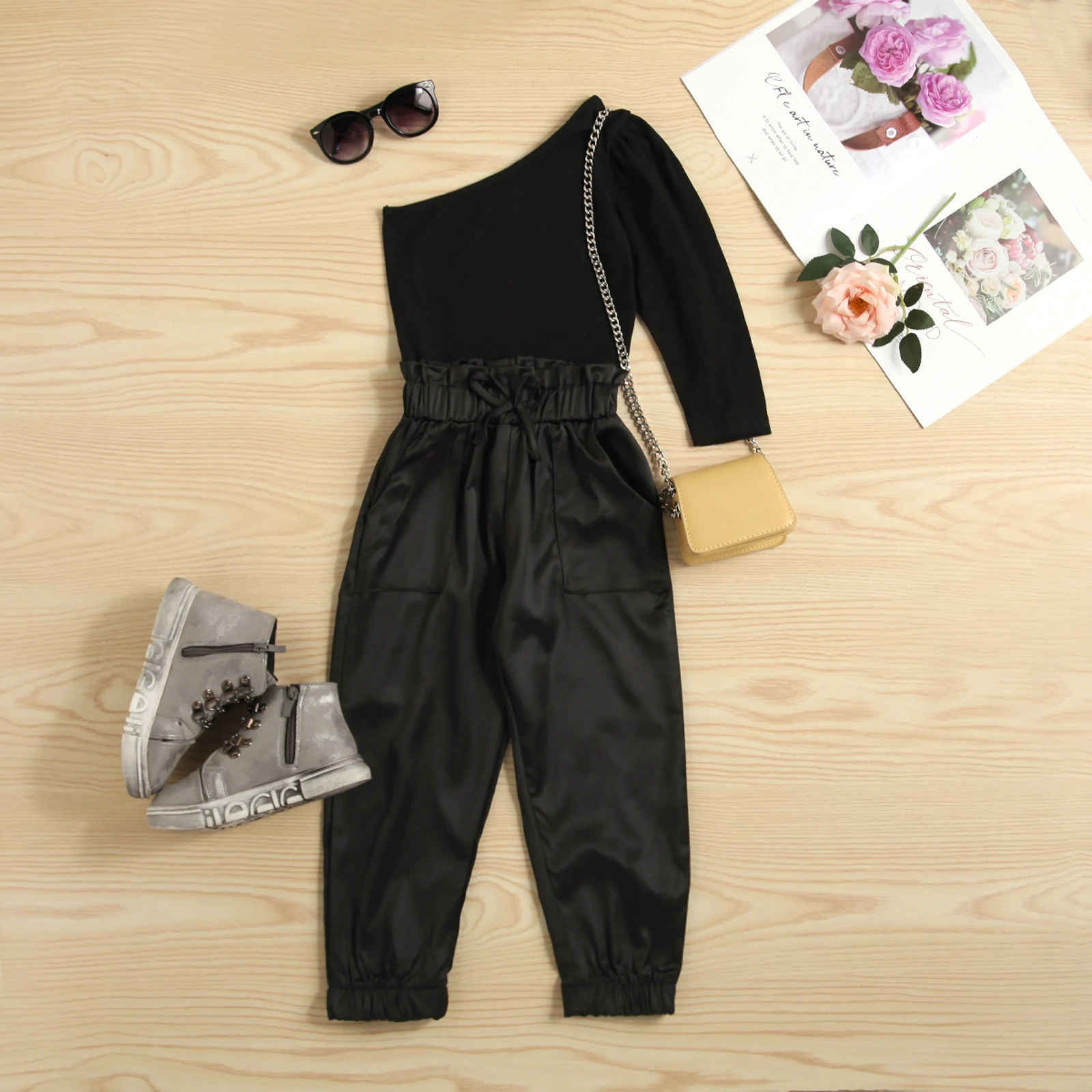 Kids Girls Fashion Clothes Sets One Shoulder Long Sleeve T-shirt + Pocket Loose Pants Summer Autumn Children Outfits kids clothing set girls clothing set