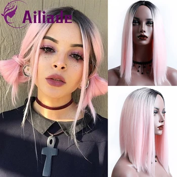 

AILIADE 14inch Shoulder Longth Straight Synthetic Wigs For Women Ombre Black Pink Wigs Cosplay/Daily/Party Wigs Heat Resistant