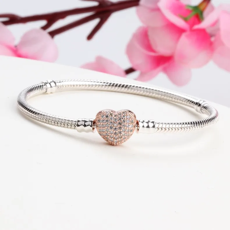 

Original 925 Sterling Silver Shiny Rose Gold Heart With Crystal Button Bracelet Fit European Charm Bracelets Women Jewelry