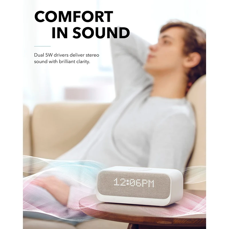 Soundcore Wakey Bluetooth колонки питание от Anker с будильником, стерео звук, fm-радио, белый шум