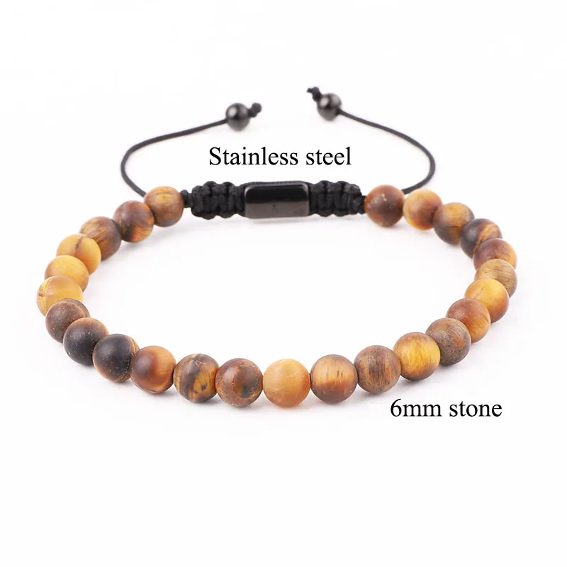New Fashion 6mm Frost Matte Natural Stone Tiger Eye Turquoise Stainless Steel Beaded Braided Macrame Bracelet Men Women - Image 2