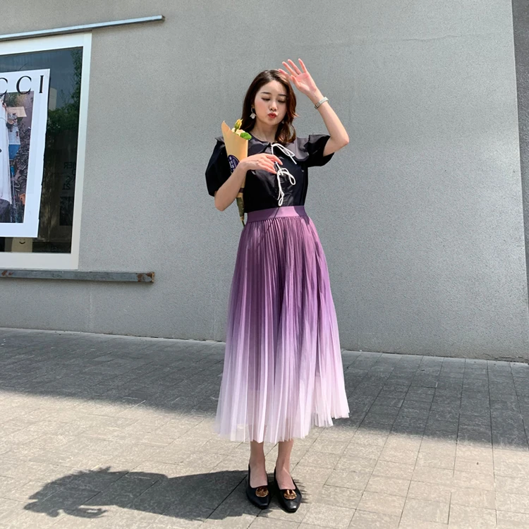 Asian Lady Fashion Gradient skirts 2022 autumn winter green pleated middle skirt black large high waist yarn half skirt 2022 new summer men s suit casual fashion printing t shirt beach shorts set men o neck tees 2 piece set asian small size s 5xl