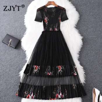 

2020 New Fashion Summer Style Dress Women Elegant Designers Short Sleeve Print Pleated Sexy Black Tulle Dresses Female Vestidos