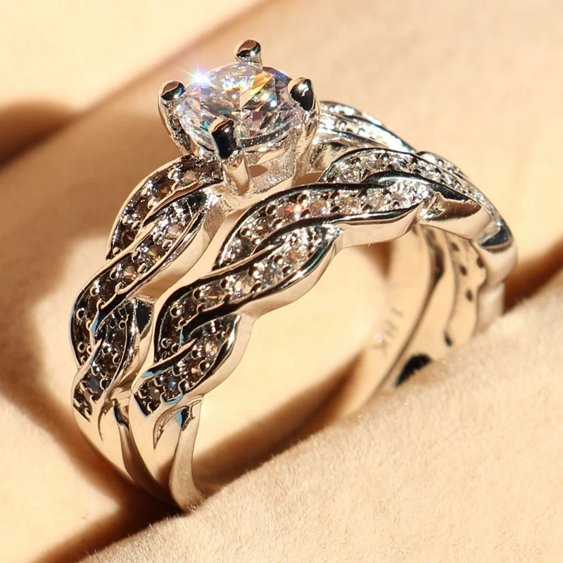 

QCOOLJLY Luxury Shiny AAA Zircon Ring Set for Women Fashion Engagement Wedding Rings Set Finger Jewelry Gift Size 5-12 Anel