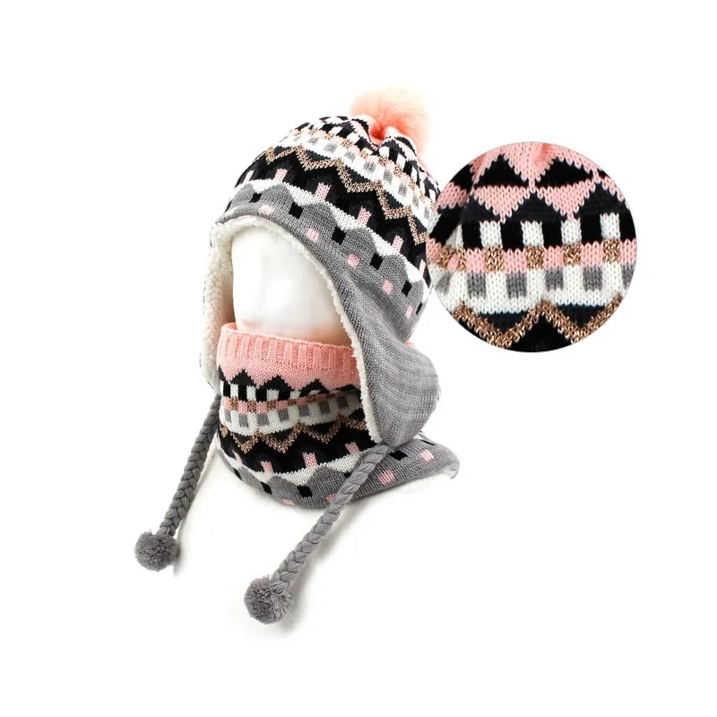 Зимний Детский комплект из шапки и шарфа, ветрозащитная шапка-ушанка для девочек, теплая шапка-ушанка, зимняя плотная флисовая шапка-шарф
