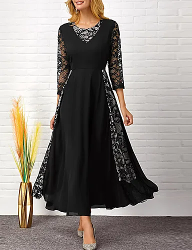 

Women sexy lace patchwork little black dress Casual 3/4 sleeve fairy maxi dress Ladies party frocks dinner dresses for women