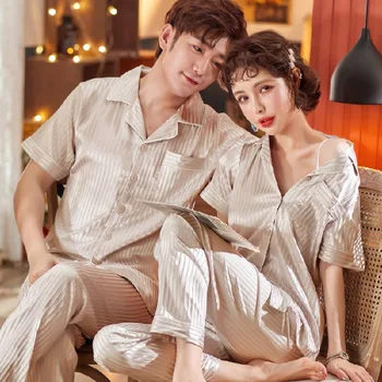 

2020 Pyjamas Women Spring and Summer Viscose Fiber Short-Sleeved Thin Women's Artificial Silk Men's Homewear Set Pajamas Couple