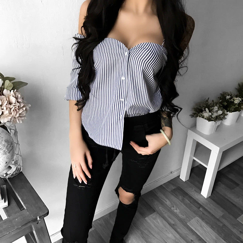 2020 Stripe Blouse Women Autumn Long Sleeved Shirts Tops Fashion Off Shoulder Button Blouses Strapless Slash Neck Blouse Clothes 2020 Stripe Blouse Women Autumn Long Sleeved Shirts Tops Fashion Off Shoulder Button Blouses Strapless Slash Neck Blouse Clothes