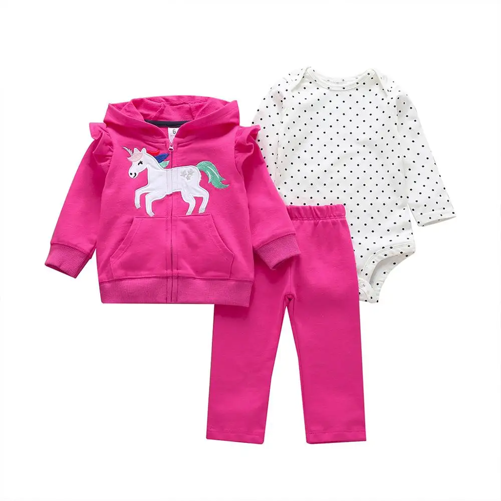 Одежда с рисунком единорога для маленьких девочек пальто с капюшоном и длинными рукавами+ комбинезон в горошек+ штаны, Одежда для новорожденных г., осенний комплект одежды для новорожденных