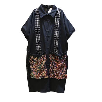 

2020 Summer New Style Korean Fashion Heavy Industry Sequin Pocket Lapel Mid-Length All-match Streetwear Short Women Shirts