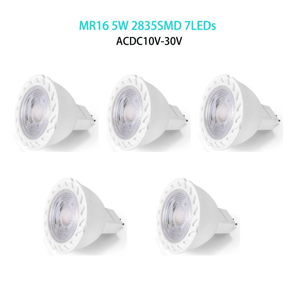 MR16 LED Bulb 5W 7LEDs Super Bright Led Spot Light Lampada 2835 SMD ACDC10V-30V Cold/Warm White Led Lamp Saving Downlight 5PCS