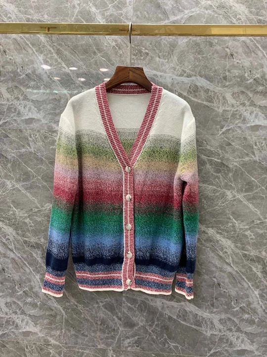 

2019 Early Autumn New Woman V-collar Colored Stripe Knitting Decoration Long-sleeved 100-fold Open-top Knitted Shirt 907