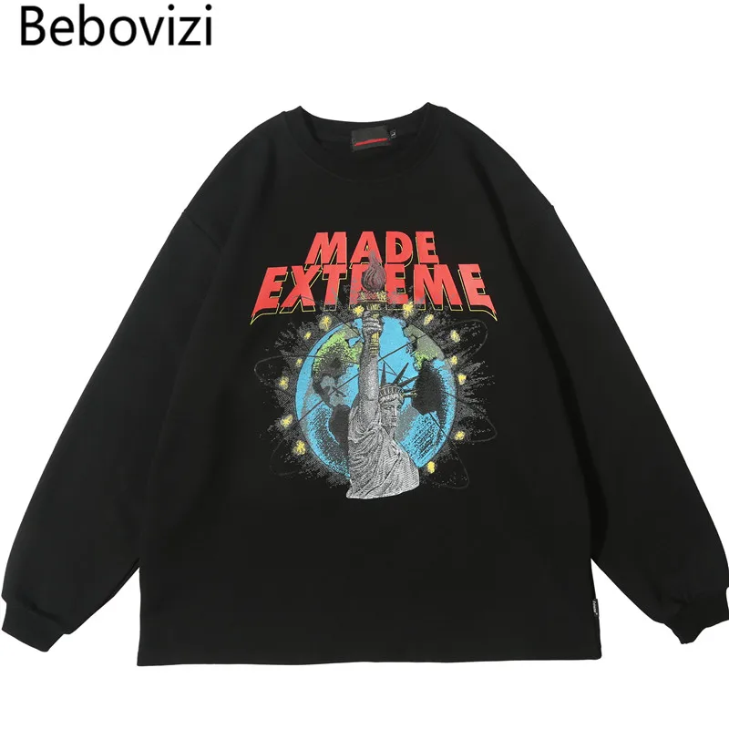 

Bebovizi Hip Hop Statue of Liberty Print Fleece Sweatshirts Hoodies Streetwear Men Hispter Casual Pullover Fashion Urban Tops
