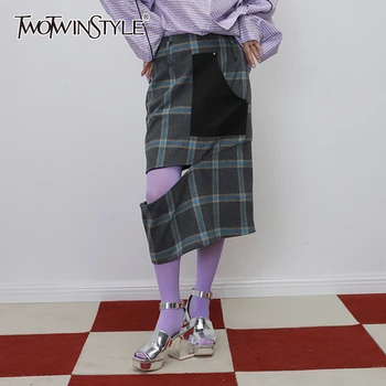 

TWOTWINSTYLE Patchwork Asymmetrical Skirts For Female High Waist Irregular Ripped Hole Women's Skirt 2020 Clothing Fashion Tide