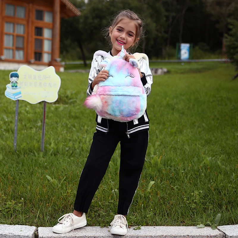 Девочка из мультфильма из мягкого плюша сумка студенческий маленький школьный ранец на молнии единорог Радуга мех рюкзак с мячом ребенок мини игрушка кукла рюкзак