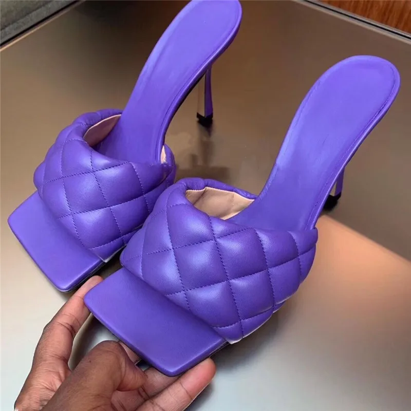 

2019 Designer Square Toe Slippers Woman Peep Toe High Heels Mules Woman Genuine Leather Summer Ladies Sandals Purple Red Brown