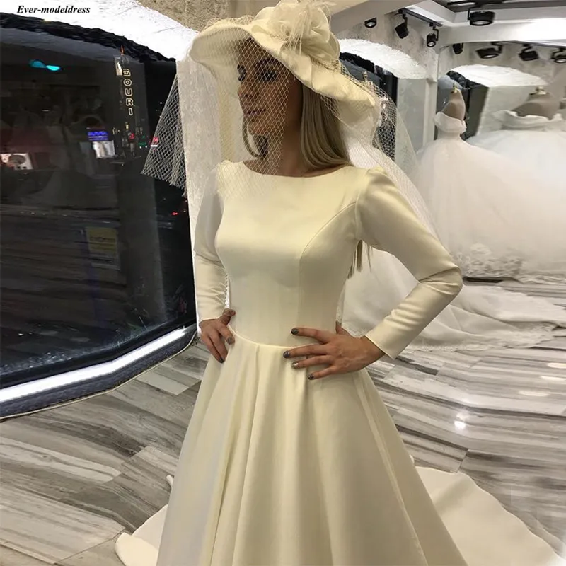 Vestido De Noiva; атласные свадебные платья с длинными рукавами, пуговицами на спине развертки поезд Простой 2019 свадебные платья невесты дешево