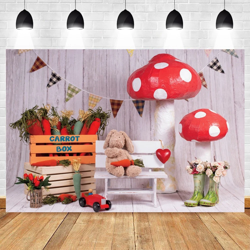 

Easter Spring Eggs Rabbit Mushroom Carrot Wood Floor Baby Photography Backdrop Vinyl Background For Photo Studio Photophone Prop