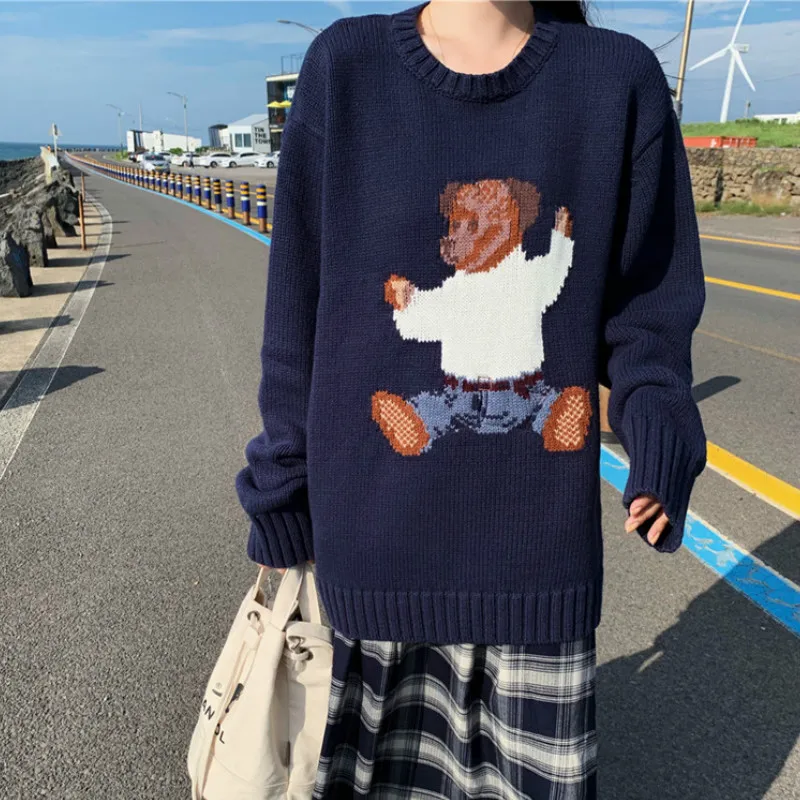  Plus size Women Sweater Cartoon White Bear Korean clothing Loose Tops Female Pullovers Long Sleeve 