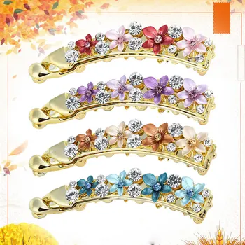 

4pcs Banana Hair Clip Alloy Fashionable Crystal Flower Hair Clip Hair Claw Ponytail Clip Ponytail Holder for Women Ladies Girls