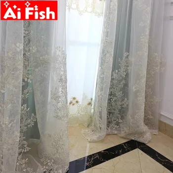

Europe Exquisite Luxury Embroidery Tulle Curtains for Living Room Romantic Gold Thread Embroider White Voile Sheer Tulle M201-5