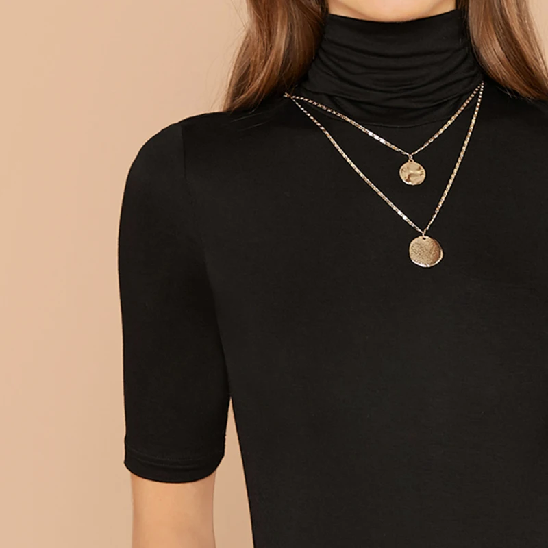 SHEIN черная однотонная облегающая Повседневная футболка с высоким воротом, женские топы, осень, женские офисные эластичные базовые футболки с коротким рукавом