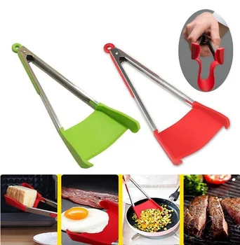

New 2 in 1 Smart Kitchen Spatula and Tongs Non-Stick Heat Resistant Stainless Steel Frame Silicone Tongs Kitchen Gadget
